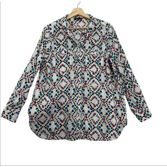 John Mark Linen Top Womens L Colorful Abstract Button Up Pockets LS Artsy Fun - Picture 1 of 13
